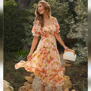 Moon River Pink & Yellow Floral Smocked Midi Dress